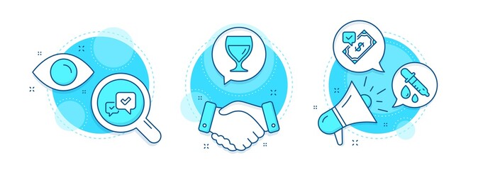 Accepted payment, Approve and Wine glass line icons set. Handshake deal, research and promotion complex icons. Chemistry pipette sign. Bank transfer, Accepted message, Cabernet wineglass. Vector