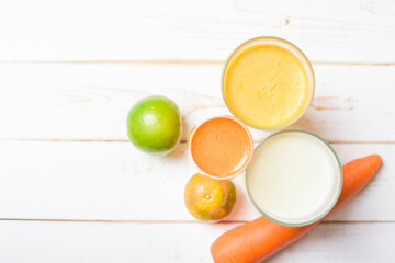 Healthy diet Fruits and vegetables juice ready to drink on wooden table