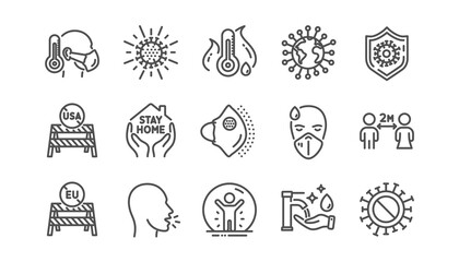 Coronavirus line icons set. Covid-19 virus pandemic. Medical protective mask, washing hands hygiene, eu shut borders. Stay home, safe distance, coronavirus epidemic mask icons. Vector