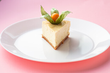 cheesecake on white plate and pink background