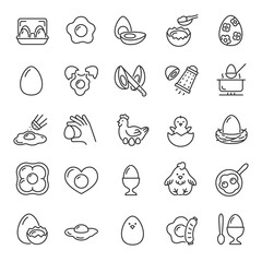 Chicken egg, icon set. Use of eggs in cooking, various types of cooking, linear icons. Line with editable stroke © Matsabe