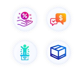 Winner podium, Payment received and Loan percent icons simple set. Button with halftone dots. Delivery box sign. First place, Money, Discount hand. Cargo package. Business set. Vector