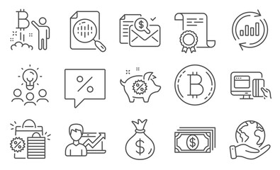 Fototapeta na wymiar Set of Finance icons, such as Update data, Accounting report. Diploma, ideas, save planet. Money bag, Shopping bags, Success business. Bitcoin project, Piggy sale, Analytics chart. Vector