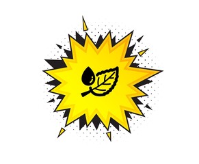 Mint leaf with water drop icon. Quote speech bubble. Nature plant dew sign. Environmental care symbol. Quotation marks. Classic leaf dew icon. Vector