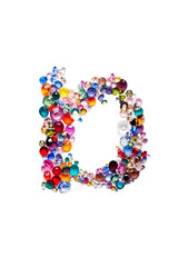 Letter D made from beautiful glass bright gems or crystals on isolated white background