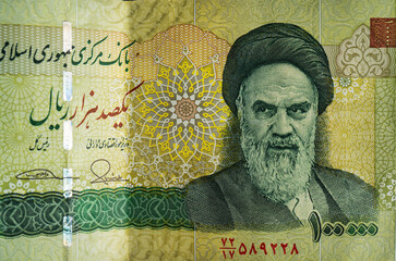 Iranian Rial (IRR). Close-up detail of banknotes.  Top view.