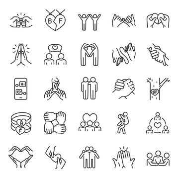 Friendship, icon set. Communication and Interaction, mutual affection, relationship between people, linear icons. Friends chatting and having fun with each other. Line with editable stroke