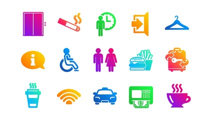 Elevator, Taxi and Wifi internet. Public services icons. Fast food classic icon set. Gradient patterns. Quality signs set. Vector