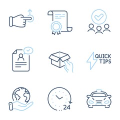 Quickstart guide, Drag drop and Resume document line icons set. Diploma certificate, save planet, group of people. Taxi, Hold box and 24 hours signs. Lightning symbol, Move, Application. Vector