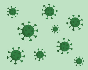 Coronavirus covid-19 virus green background with flying germs. Quarantine vector illustration.