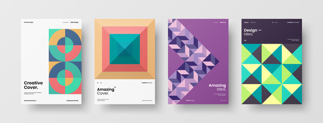 Fototapeta premium Company identity brochure template collection. Business presentation vector A4 vertical orientation front page mock up set. Corporate report cover abstract geometric illustration design layout bundle.