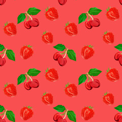 gouache seamless pattern with fruits and berries cherry and strawberry on a coral background, vegetarian pattern for diet, healthy eating. Use as restaurant menu, packaging, product design,textile