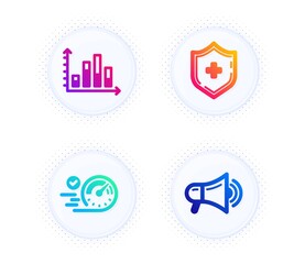 Diagram graph, Speedometer and Medical shield icons simple set. Button with halftone dots. Megaphone sign. Presentation chart, Time concept, Medicine protection. Advertisement. Business set. Vector