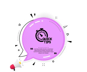 Quick tips icon. Quote speech bubble. Helpful tricks sign. Tutorials with timer symbol. Quotation marks. Classic quick tips icon. Vector