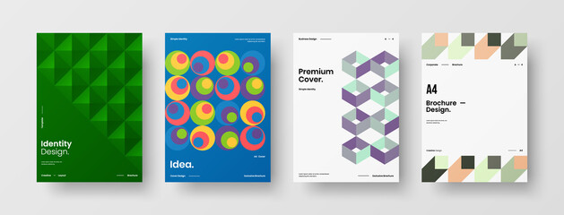 Fototapeta premium Company identity brochure template collection. Business presentation vector A4 vertical orientation front page mock up set. Corporate report cover abstract geometric illustration design layout bundle.