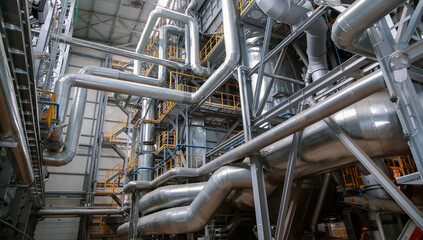 interior of an industrial boiler, the piping, pumps and motors