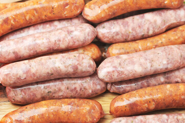 background of raw sausages for Smoking or bbq