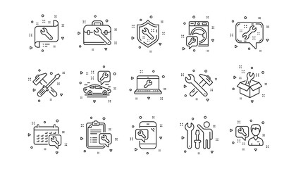 Hammer, Screwdriver and Spanner tool. Repair line icons. Washing machine repair linear icon set. Geometric elements. Quality signs set. Vector