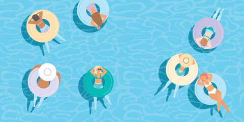 Young girls floating on colorful inflatable rings in blue pool water. Top aerial view. Flat vector illustration - 354164164