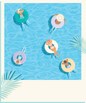 Young girls floating on colorful inflatable rings in blue pool water. Top aerial view. Retro style postcard vector design.