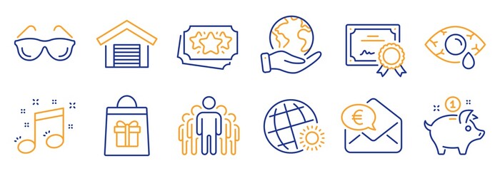 Set of Business icons, such as Loyalty points, Eyeglasses. Certificate, save planet. Parking garage, Group, Ð¡onjunctivitis eye. World weather, Euro money, Musical note. Vector