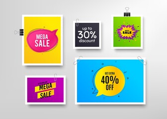 Mega sale, 40% discounts and Best offer. Frames with promotional banners. Discount banner with speech bubble. Shopping badge. Photo frames and sale offers. Posters or flyers with paper clips. Vector