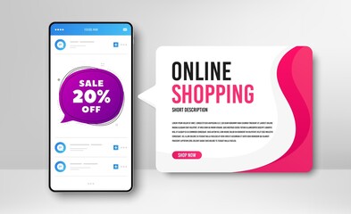 Phone banner template. Sale 20% off bubble. Discount banner shape. Coupon badge icon. Social media banner with smartphone screen. Online shopping web template. Sale bubble promotion badge. Vector