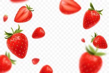 Fotobehang Falling juicy ripe strawberry with green leaves isolated on transparent background. Flying defocusing strawberry berries. Applicable for juice advertising. Vector illustration. © alexandertrou