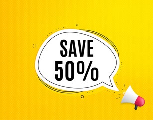 Save 50% off. Megaphone banner with chat bubble. Sale Discount offer price sign. Special offer symbol. Loudspeaker with speech bubble. Discount promotion text. Social Media banner. Vector