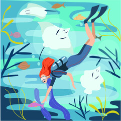 Professional Scuba Diver man dives in the ocean. Underwater swiming. Summer vacation concept of sport active holidays. Woman observing coral reef. Underwater recreational activity. Flat cartoon vector