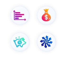 Piggy sale, Horizontal chart and Money bag icons simple set. Button with halftone dots. Versatile sign. Discounts, Presentation graph, Usd currency. Multifunction. Finance set. Vector