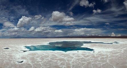 Panorama View of a Salt Lake in Salinas Grandes, natural salt flats in Jujuy, Argentina, under a dramatic sky. Turquoise water.  