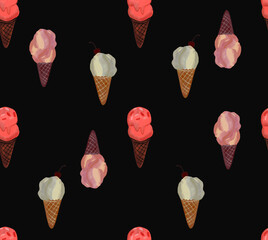 Ice cream scoops and waffle cone. Different favors and colors raster seamless pattern