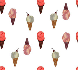 Ice cream scoops and waffle cone. Different favors and colors raster seamless pattern