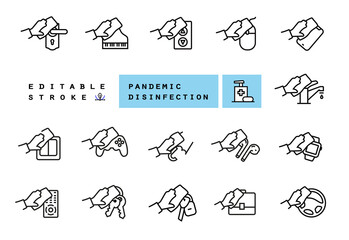 Guideline for Disinfection and Sterilization. A set of vector pictograms explaining which items need to be disinfected primarily during the COVID-19 pandemic. Editable Line Icons
