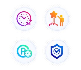 Parking time, Star and 24 hours icons simple set. Button with halftone dots. Approved shield sign. Park clock, Launch rating, Time. Protection. Business set. Gradient flat parking time icon. Vector