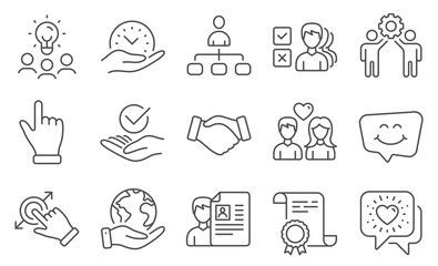 Set of People icons, such as Safe time, Smile chat. Diploma, ideas, save planet. Click hand, Handshake, Couple love. Approved, Touchscreen gesture, Employees teamwork. Vector
