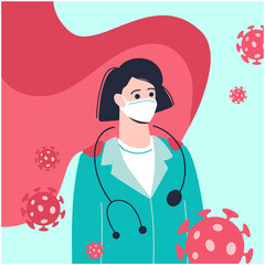doctor-female in a medical mask and a red cloak. Doctor is a modern super hero. Bacteria around the nurse. Vector in cartoon style. Covid-19 coronavirus pandemic. Isolated