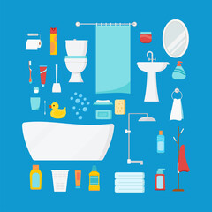 Bathroom set with bath and beauty cosmetic products isolated on blue background.