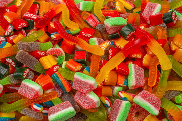 Assorted gummy candies. Top view. Jelly  sweets background.