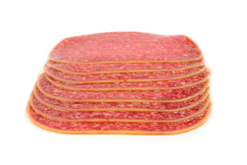 Salami slices isolated on white background.