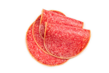 Salami slices isolated on white background.