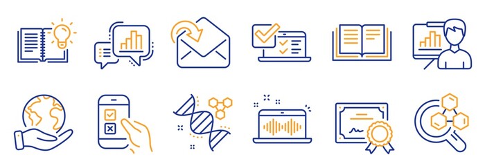 Set of Education icons, such as Music making, Chemistry dna. Certificate, save planet. Chemistry lab, Education, Graph chart. Mobile survey, Presentation board, Product knowledge. Vector