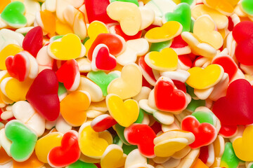 Juicy colorful jelly sweets. Gummy candies. Hearts.