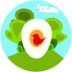 Fototapeta premium Bird lover emblem, birdwatching in summer, birds and eggs in nests to protect, take care of wild nature illustration, forest birds sitting on eggs, bird life icon