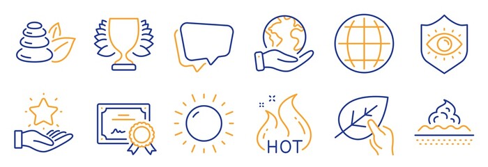 Set of Business icons, such as Spa stones, Hot sale. Certificate, save planet. Loyalty program, Sunny weather, Globe. Skin care, Eye protection, Winner. Vector