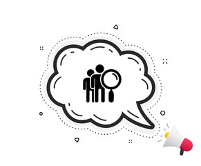 Search people icon. Quote speech bubble. Find employee sign. Magnify glass. Quotation marks. Classic search people icon. Vector