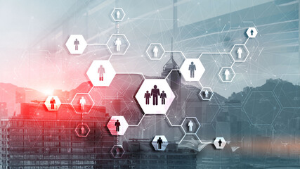 People network connection icons on blurred city connection. Network work connections concept.