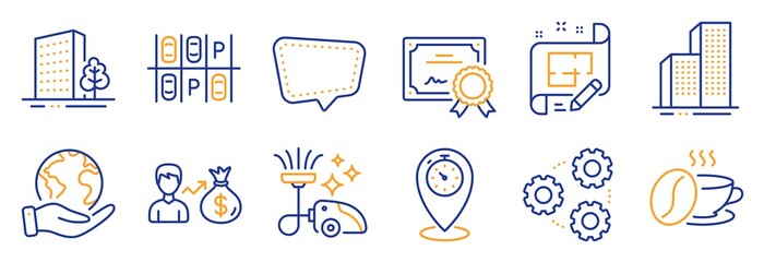 Set of Business icons, such as Architect plan, Coffee cup. Certificate, save planet. Vacuum cleaner, Buildings, Skyscraper buildings. Gears, Chat message, Timer. Vector