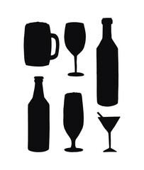 Vector set bundle of hand drawn doodle sketch different alcohol bottles and glasses silhouette isolated on white background